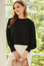 Black Pleated Loose Blouse - Padded Shoulder Buttoned Cuffs - Fashionfitz