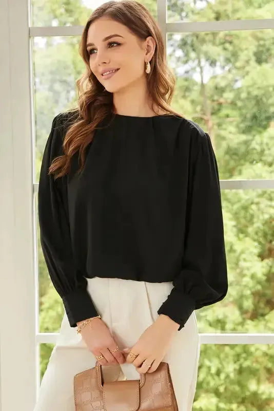 Black Pleated Loose Blouse - Padded Shoulder Buttoned Cuffs - Fashionfitz