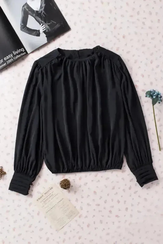 Black Pleated Loose Blouse - Padded Shoulder Buttoned Cuffs - Fashionfitz
