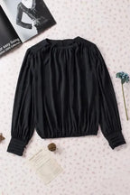 Black Pleated Loose Blouse - Padded Shoulder Buttoned Cuffs - Fashionfitz