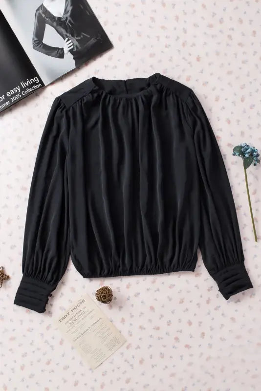 Black pleated loose blouse - padded shoulder buttoned cuffs - blouses