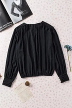 Black Pleated Loose Blouse - Padded Shoulder Buttoned Cuffs - Fashionfitz