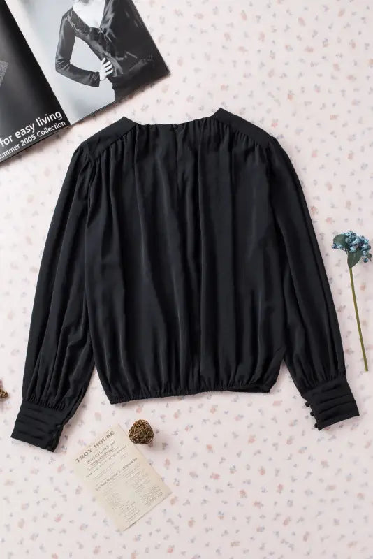 Black pleated loose blouse - padded shoulder buttoned cuffs - blouses