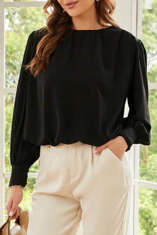 Black pleated loose blouse - padded shoulder buttoned cuffs - blouses