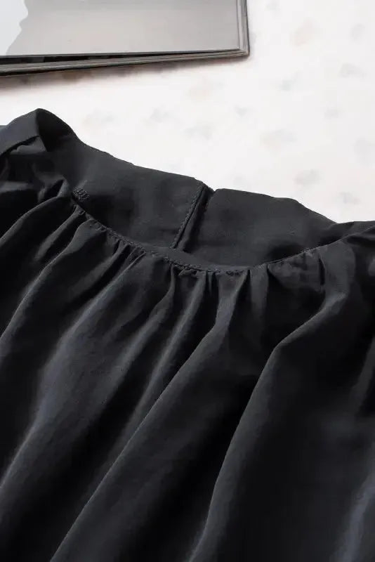 Black Pleated Loose Blouse - Padded Shoulder Buttoned Cuffs - Fashionfitz