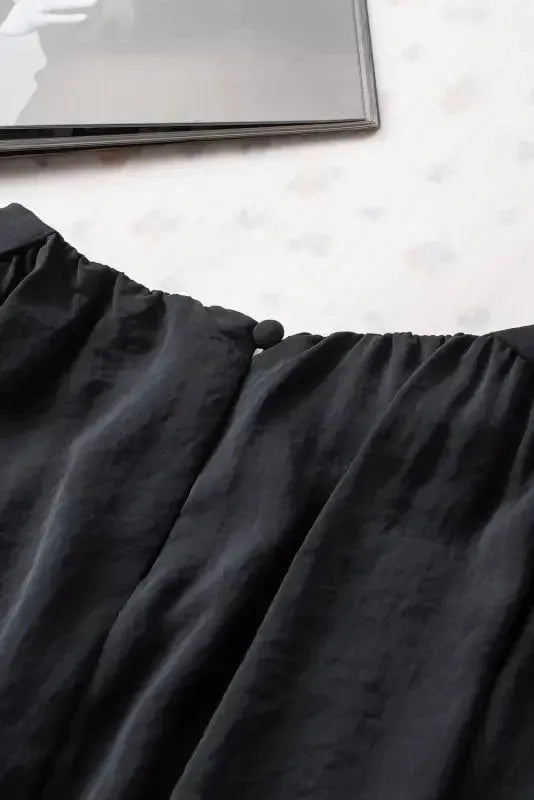 Black Pleated Loose Blouse - Padded Shoulder Buttoned Cuffs - Fashionfitz