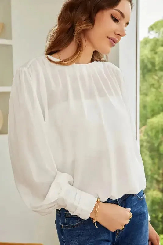 Black Pleated Loose Blouse - Padded Shoulder Buttoned Cuffs - Fashionfitz