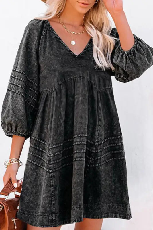 Black pleated v neck puff sleeve denim babydoll dress - s / 82% cotton + 10% polyester + 8% viscose - mini dresses