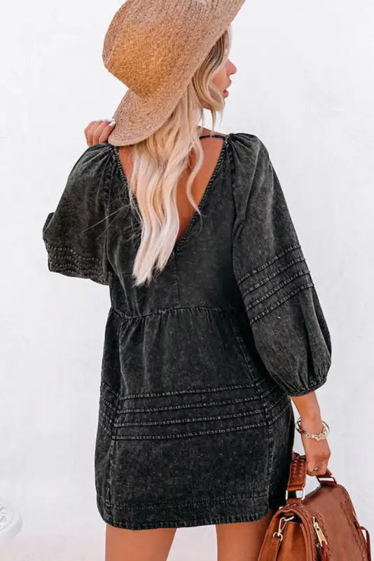 Black pleated v neck puff sleeve denim babydoll dress - mini dresses