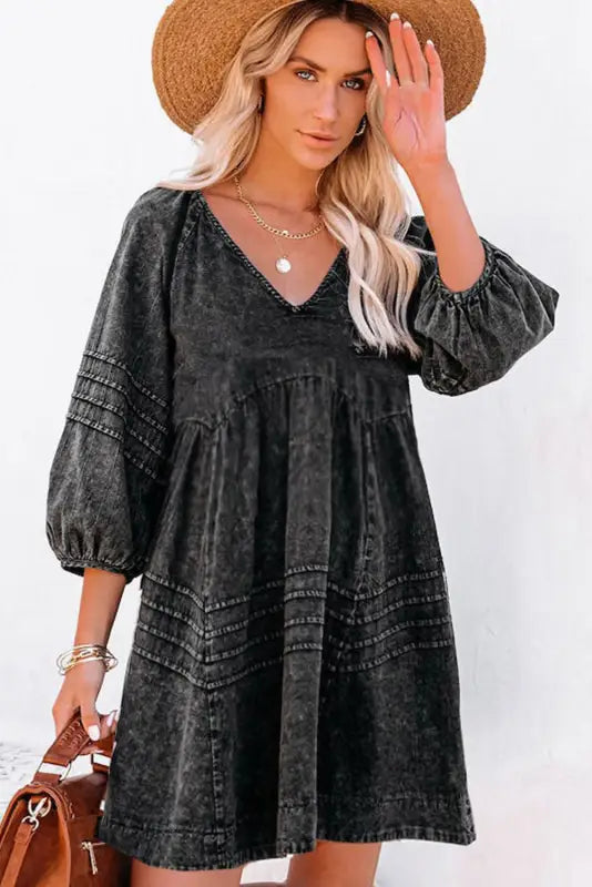 Black pleated v neck puff sleeve denim babydoll dress - mini dresses