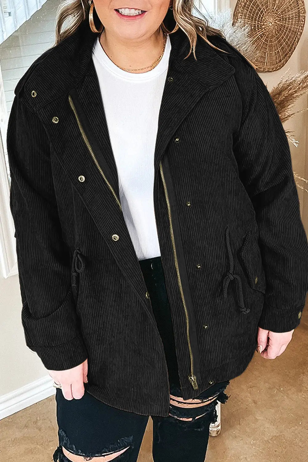 Black plus size button zipped corduroy jacket - 1x / 100% polyester