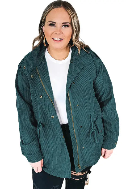 Black plus size button zipped corduroy jacket