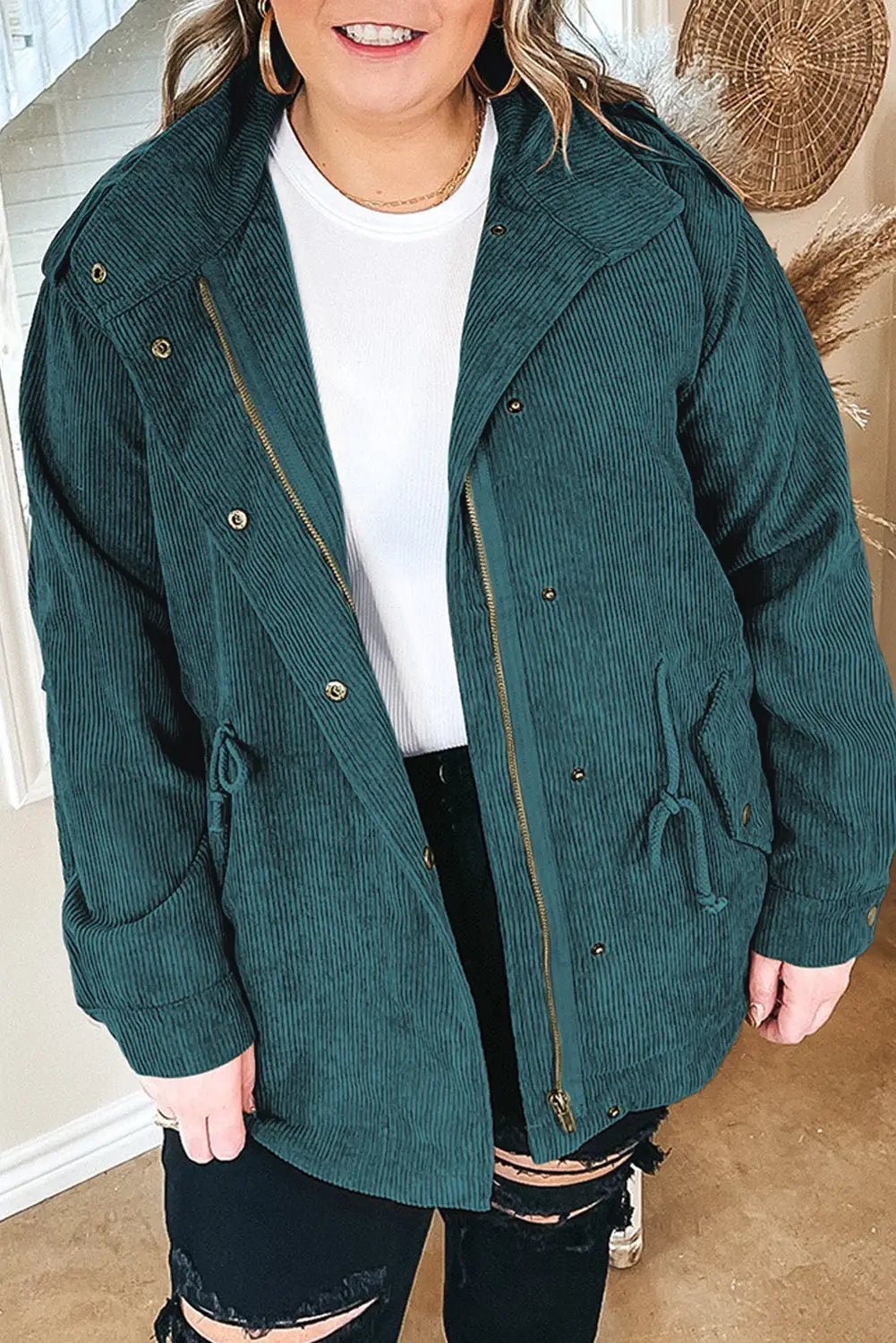 Black plus size button zipped corduroy jacket - green / 1x /