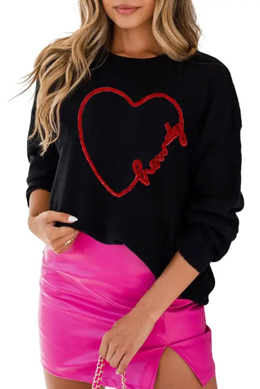 Black plus size cheers glitter tinsel short sleeve sweater