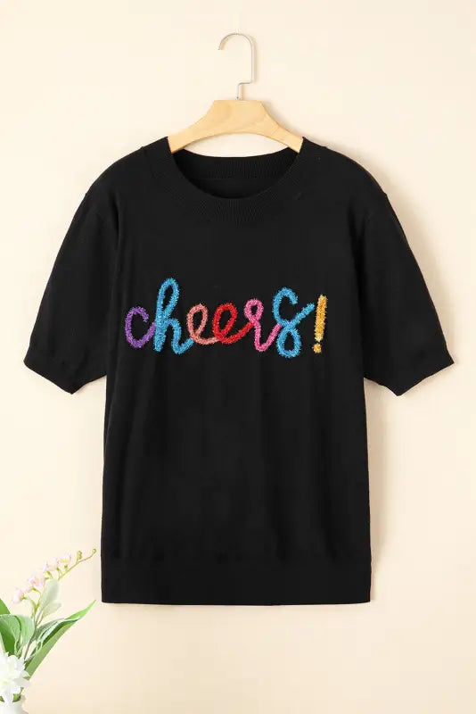 Black plus size cheers glitter tinsel short sleeve sweater