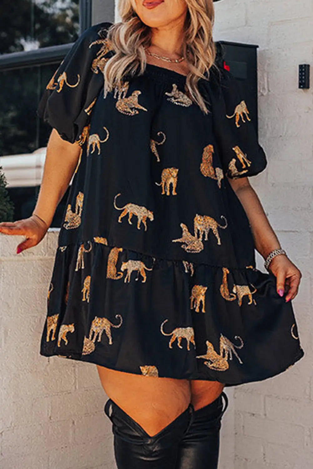 Black plus size cheetah print puff sleeve ruffle mini dress - 1x / 100% polyester