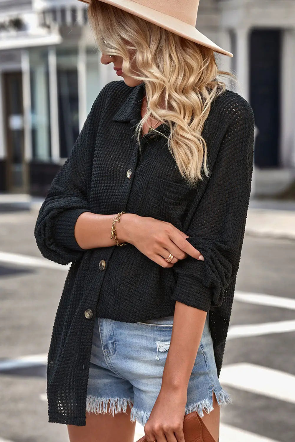Black plus size chest pocket waffle knit shirt