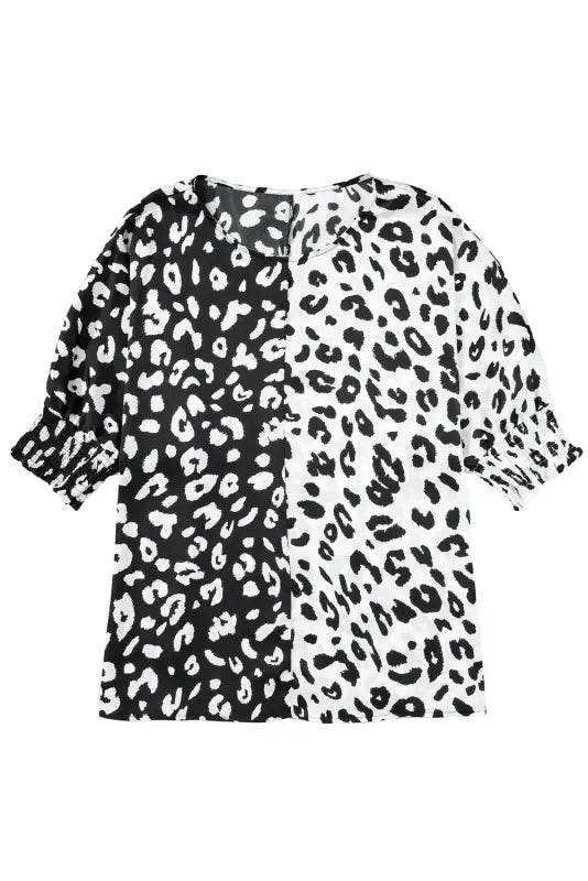 Black plus size contrast leopard half sleeve blouse