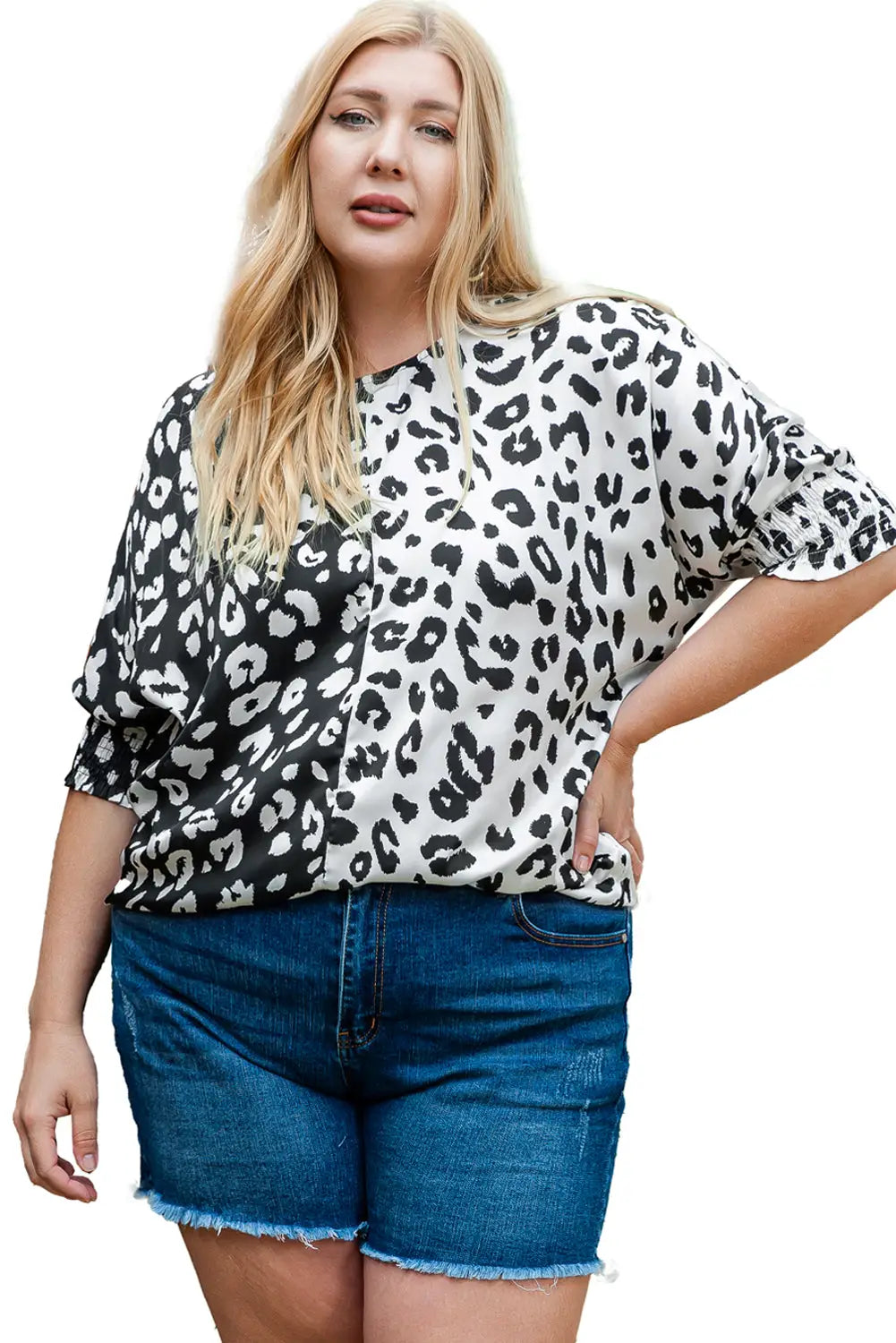 Black plus size contrast leopard half sleeve blouse