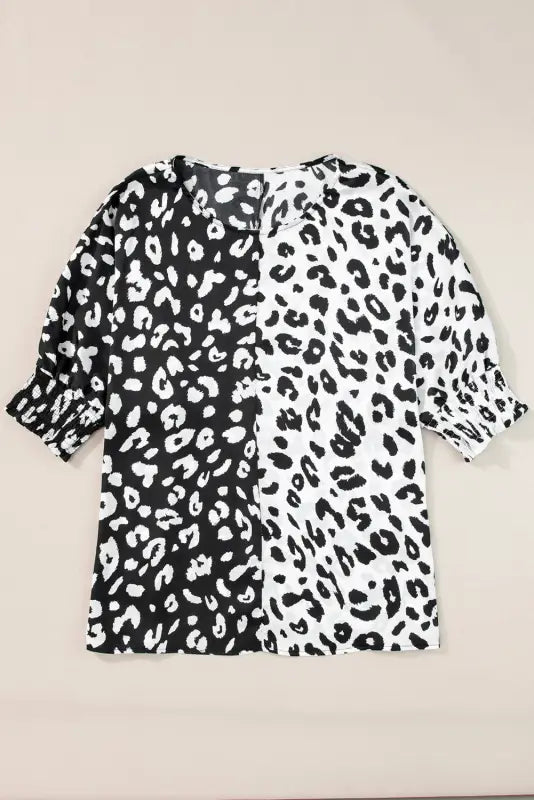 Black plus size contrast leopard half sleeve blouse