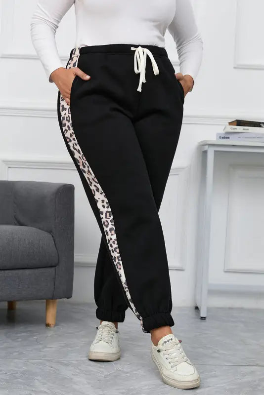 Black plus size contrast leopard side panel joggers