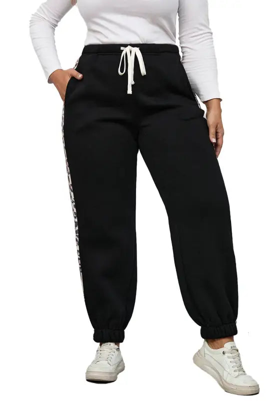 Black plus size contrast leopard side panel joggers