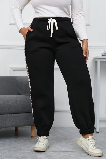 Black plus size contrast leopard side panel joggers - 1x / 50% polyester + 50% cotton