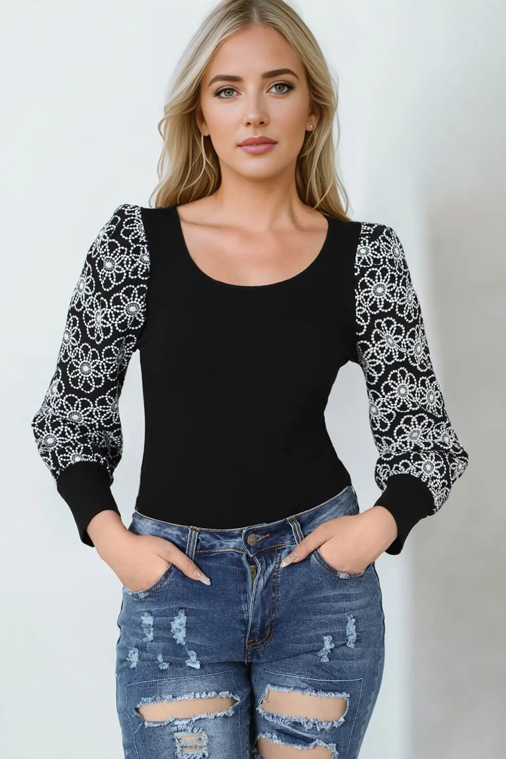Black plus size daisy embroidered puff sleeve ribbed knit top