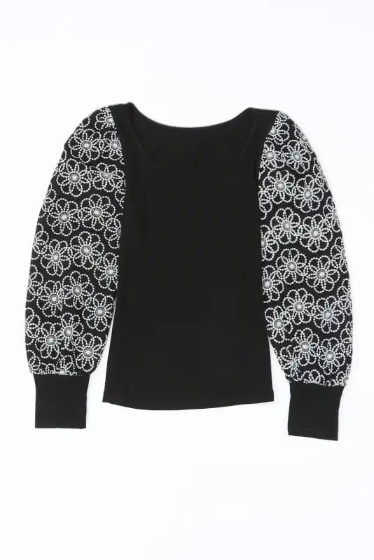 Black plus size daisy embroidered puff sleeve ribbed knit top