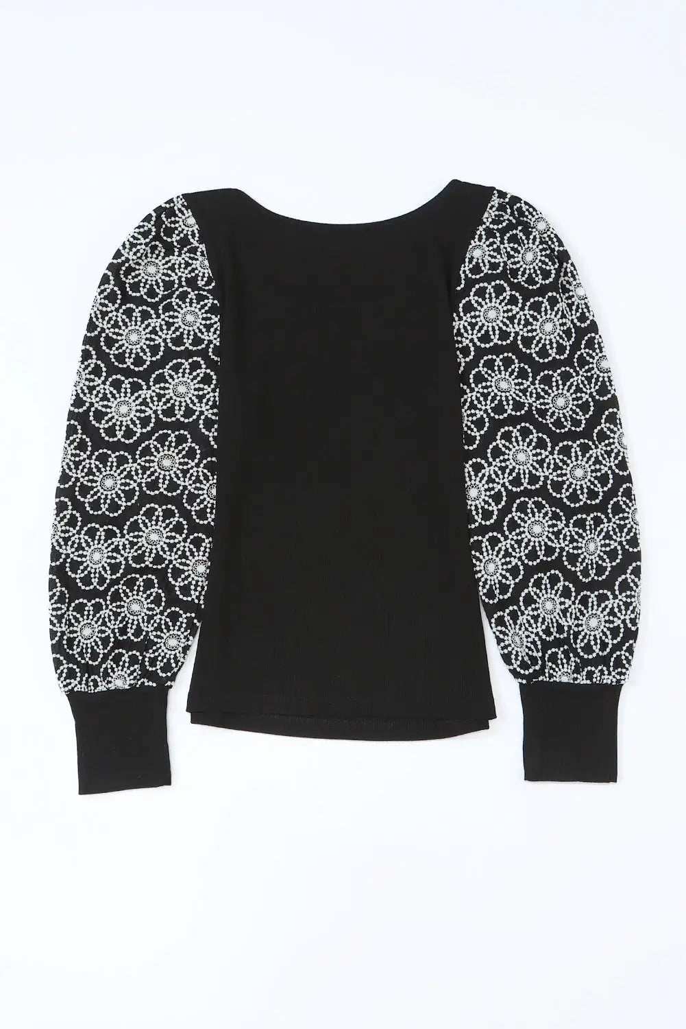 Black plus size daisy embroidered puff sleeve ribbed knit top