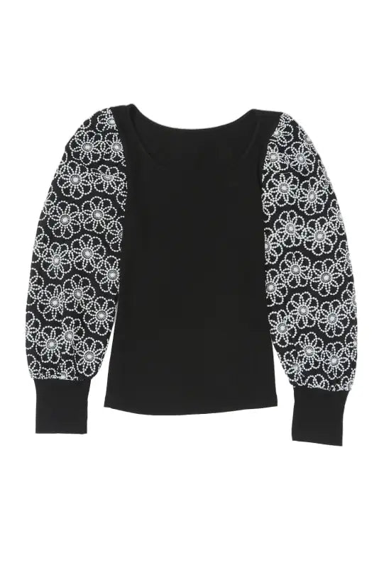 Black plus size daisy embroidered puff sleeve ribbed knit top