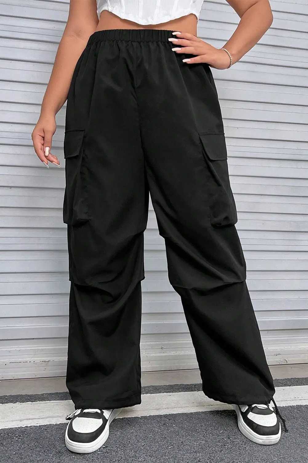 Black plus size flap pocket elastic waist cargo pants - 1x / 90% polyamide + 10% elastane