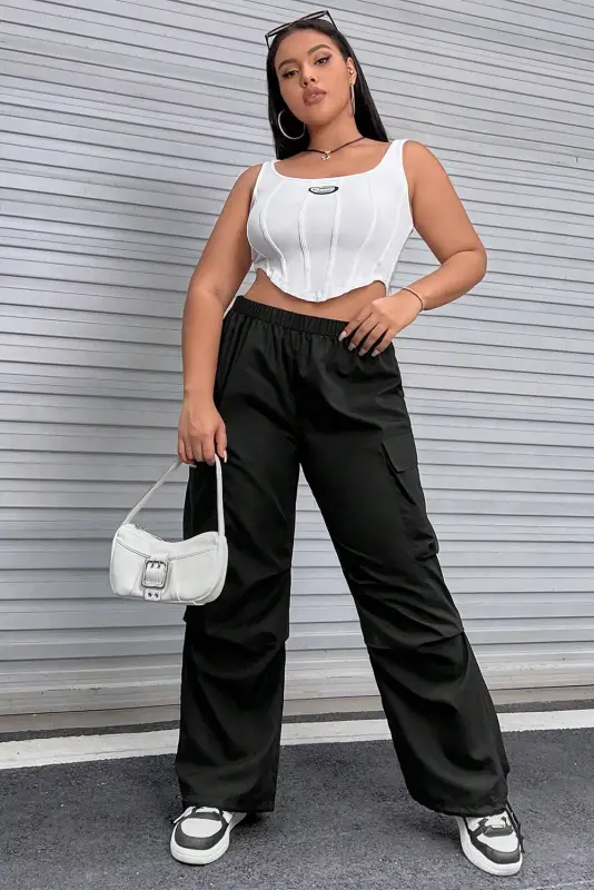 Black plus size flap pocket elastic waist cargo pants