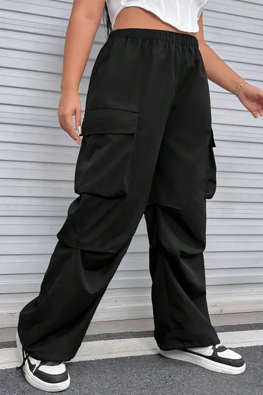 Black plus size flap pocket elastic waist cargo pants