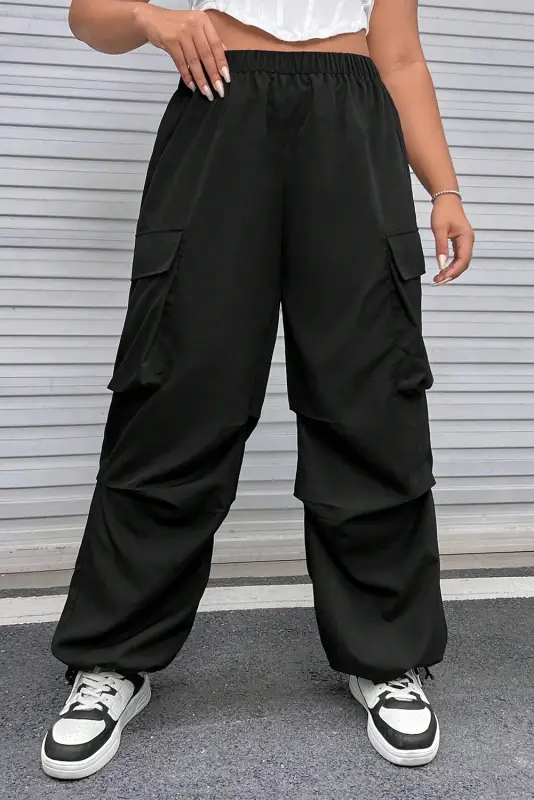 Black plus size flap pocket elastic waist cargo pants