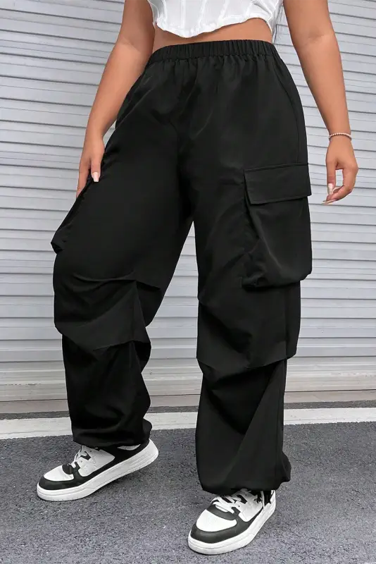 Black plus size flap pocket elastic waist cargo pants