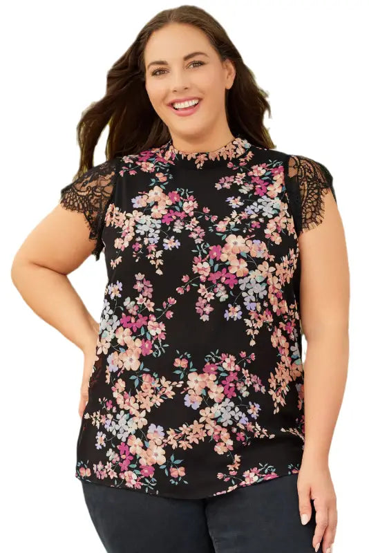 Black plus size floral print lace splicing short sleeve blouse