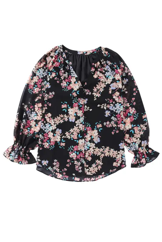 Black plus size floral print lace splicing short sleeve blouse