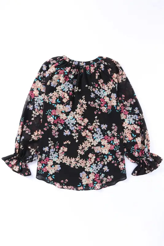 Black plus size floral print lace splicing short sleeve blouse