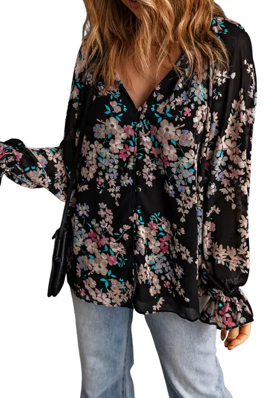 Black plus size floral print lace splicing short sleeve blouse