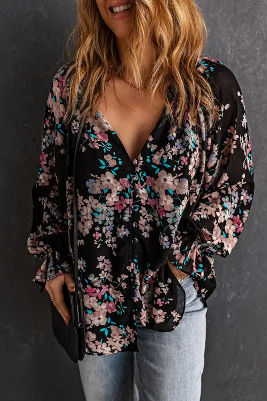 Black plus size floral print lace splicing short sleeve blouse