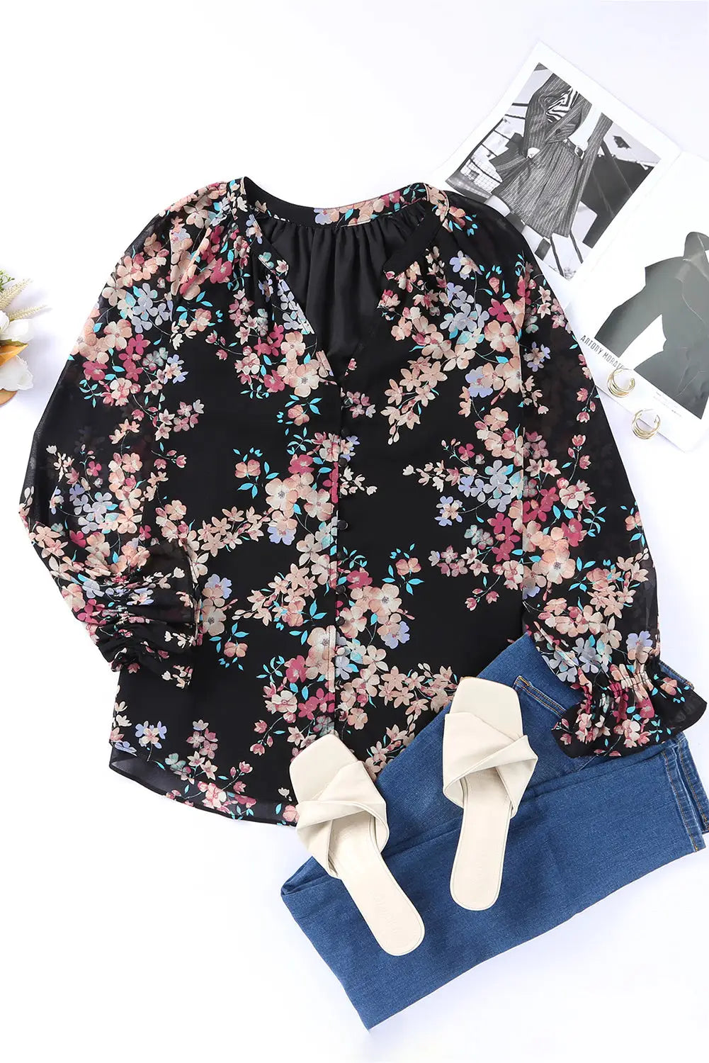 Black plus size floral print lace splicing short sleeve blouse