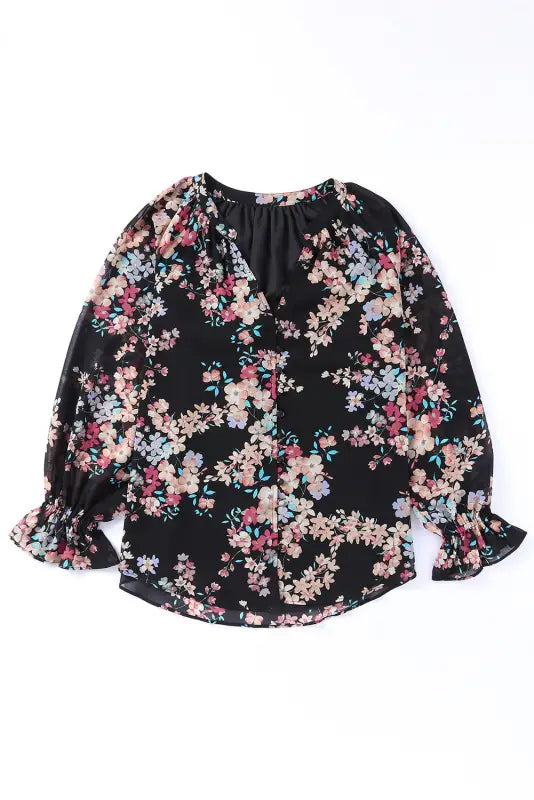 Black plus size floral print lace splicing short sleeve blouse