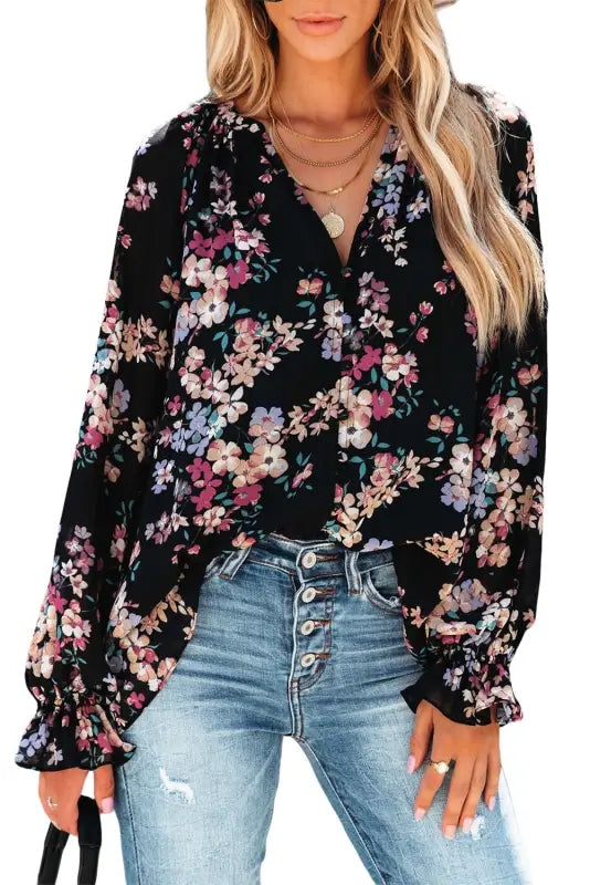 Black plus size floral print lace splicing short sleeve blouse