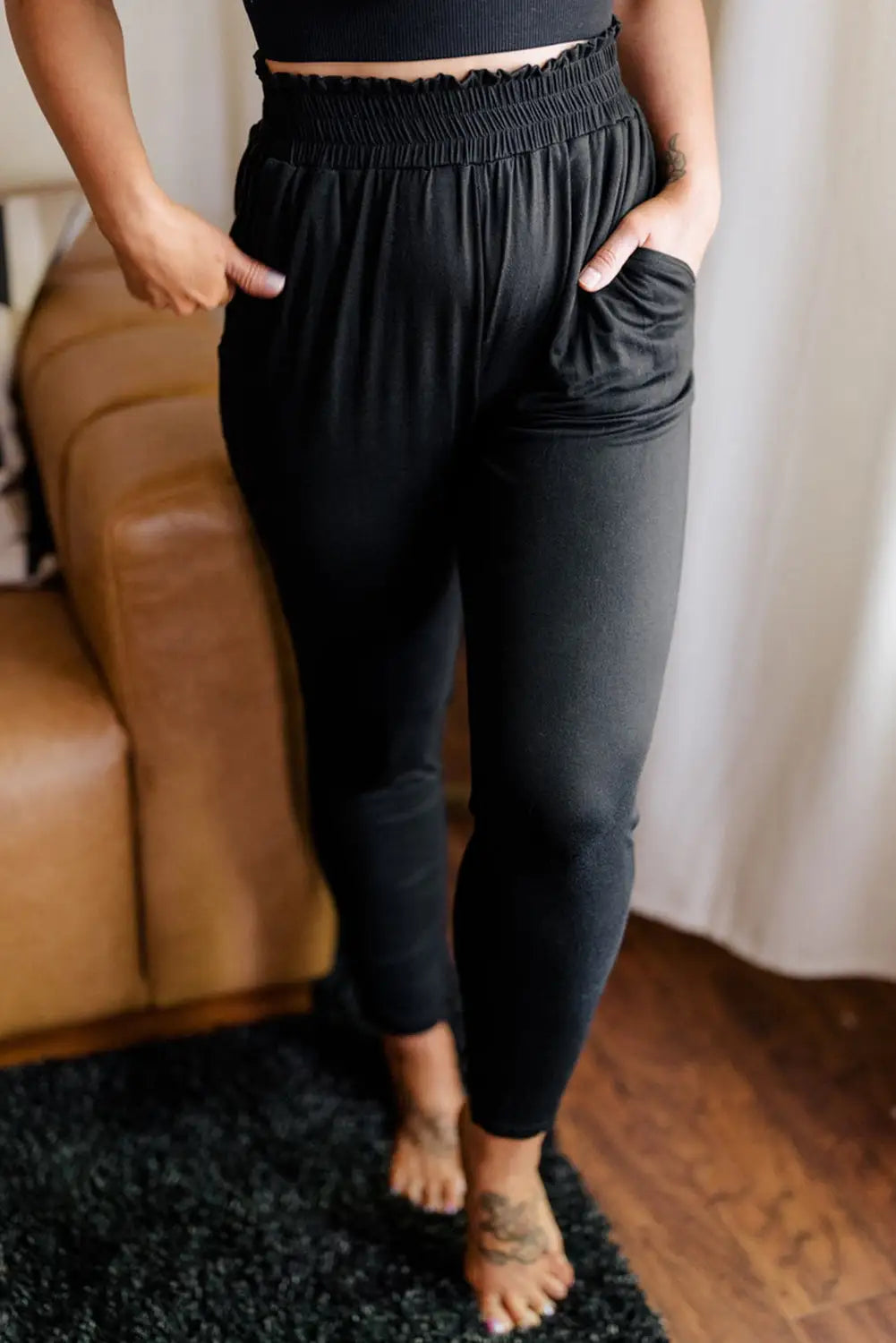 Black plus size frill high waist pocketed soft pants - 1x 90% polyester + 10% elastane