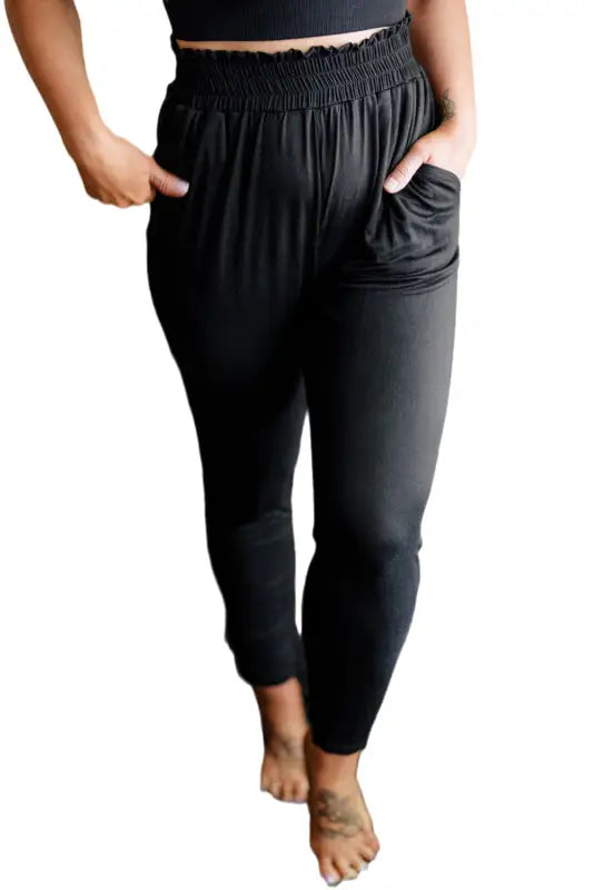 Black plus size frill high waist pocketed soft pants