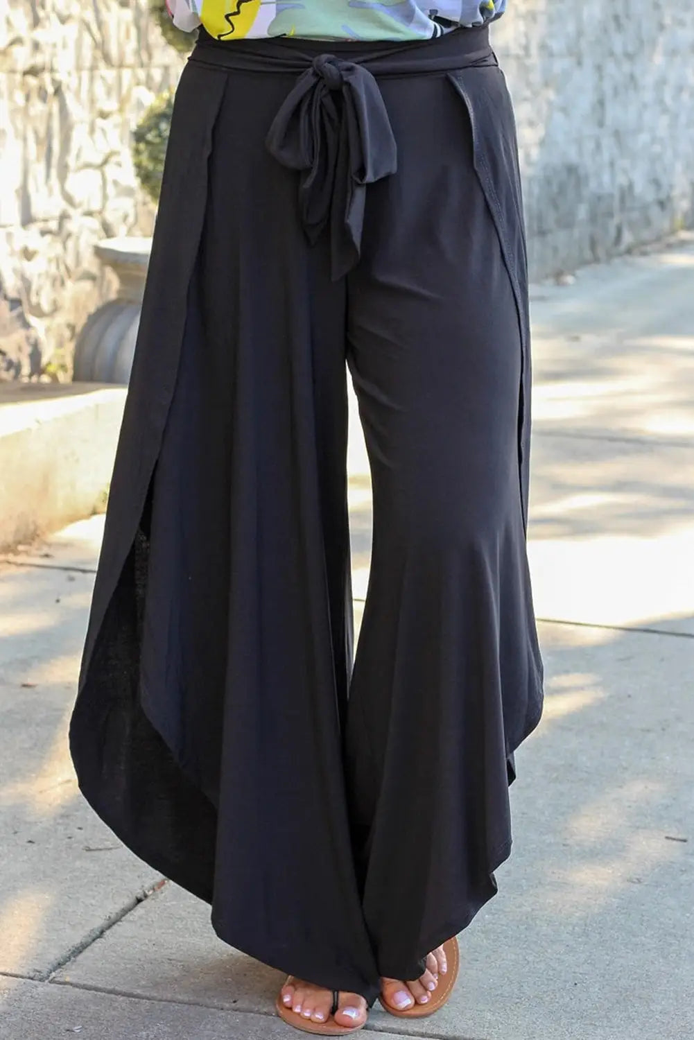 Black plus size front tie tulip wide leg pants - 1x 65% polyester + 30% viscose + 5% elastane