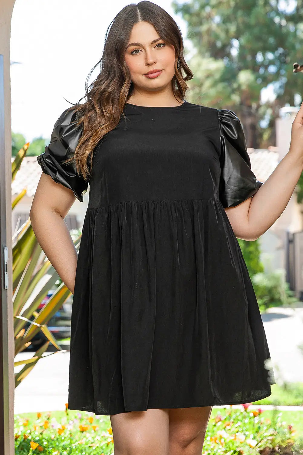 Black plus size half puff sleeve swing dress - 1x / 50% polyester + 50% viscose