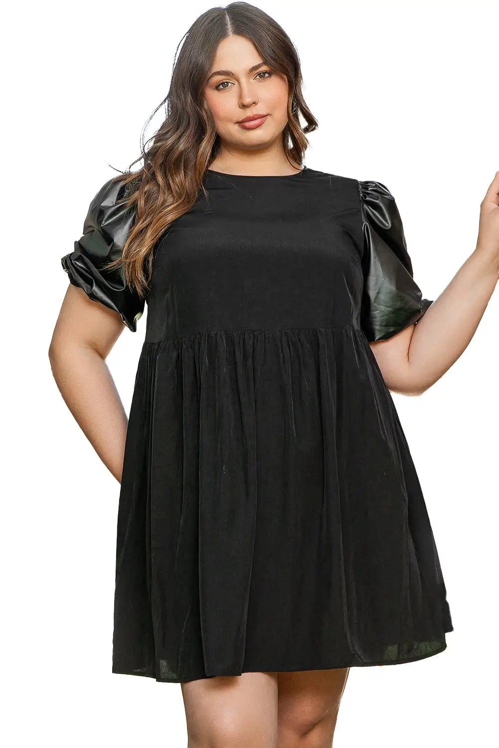 Black plus size half puff sleeve swing dress
