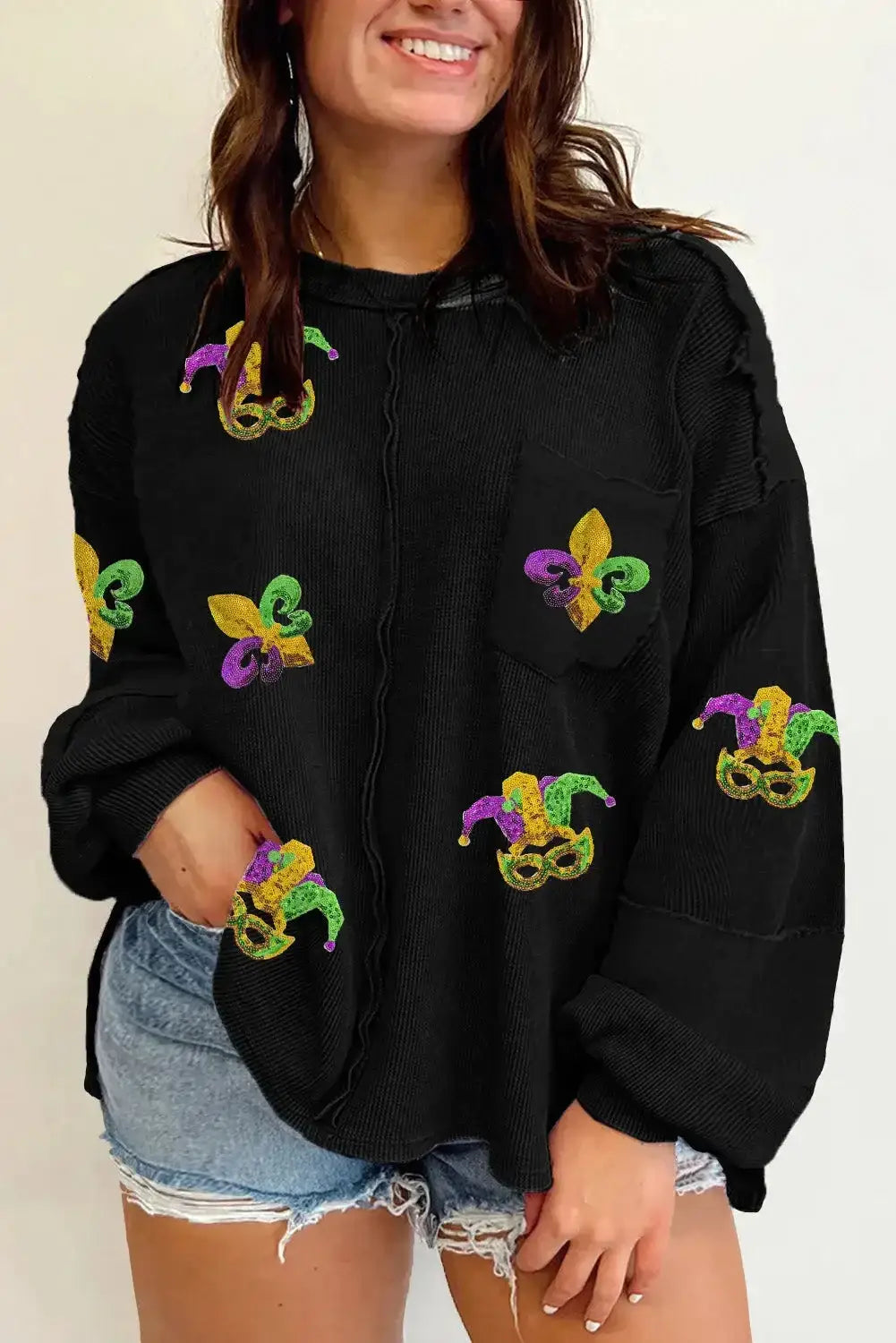 Black plus size mardi gras patch crinkle patchwork top - 1x 62.7% polyester + 37.3% cotton graphic